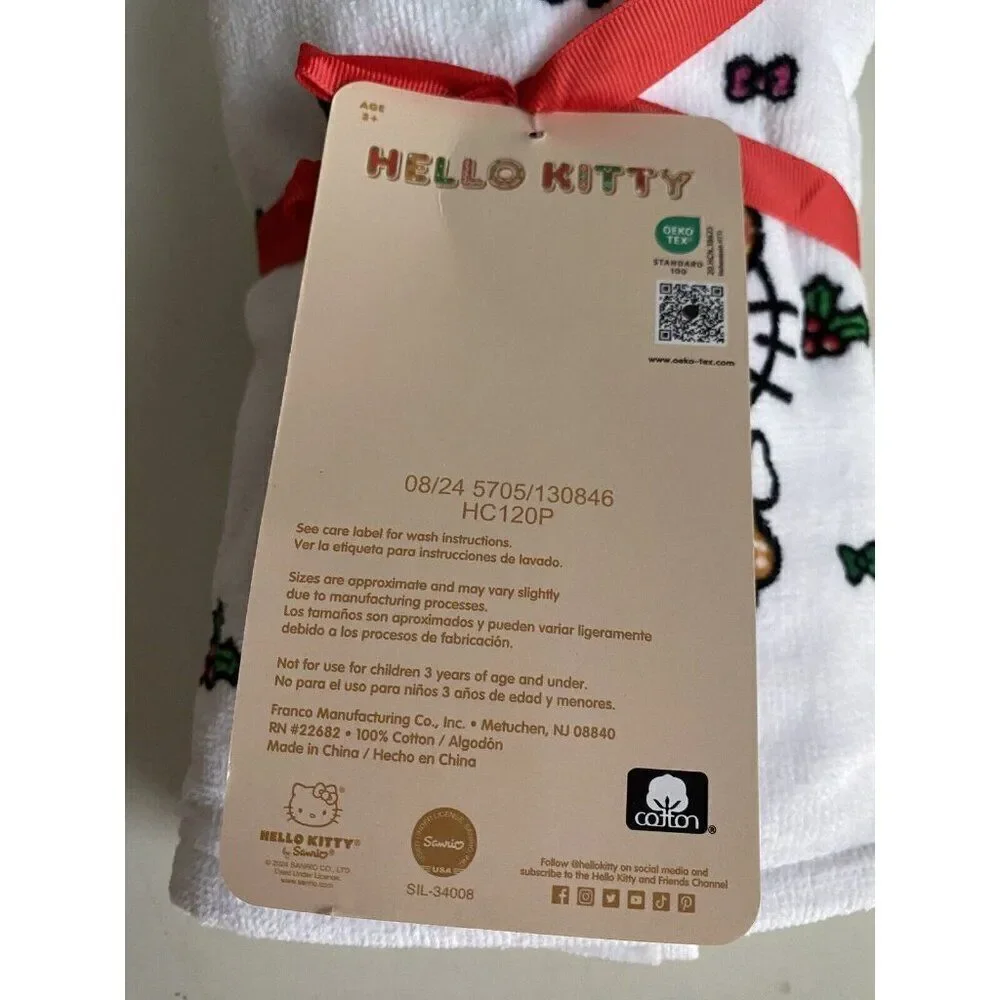 2 Pk Sanrio Hello Kitty Christmas Gingerbread‎ Dress Candy Cane Bath Hand Towels